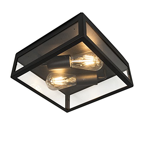 Qazqa - Modern Industrie I Vintage I Outdoor-Außen Deckenleuchte I Deckenlampe I Lampe I Leuchte schwarz 2-flammig - Rotterdam I Außenbeleuchtung - Edelstahl Quadratisch - LED geeignet E27 von Qazqa