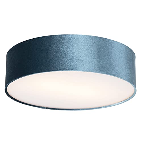 Qazqa - Moderne Deckenleuchte I Deckenlampe I Lampe I Leuchte blau 40 cm - Drum mit SchirmI 2-flammig I Wohnzimmer I Schlafzimmer - Textil Zylinder - LED geeignet E27 von Qazqa