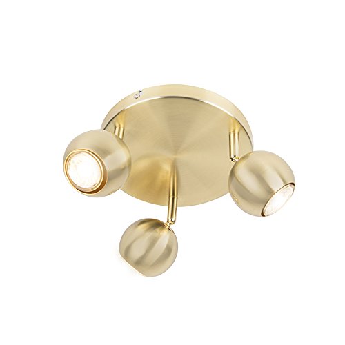 QAZQA - Modern Retro RundSpot I Spotlight I Deckenspot I Deckenstrahler I Strahler I Lampe I Leuchte Messing mit Deckenplatte 3-flammig Spotbalken Leuchten - Gissi I Wohnzimmer I Schlafzimmer - Stahl von Qazqa