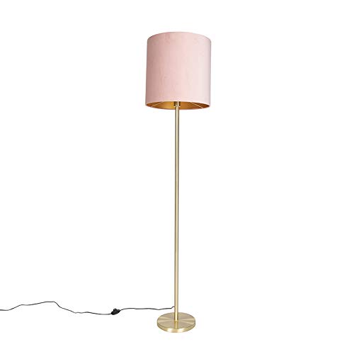 Qazqa - Modern Romantische Stehlampe Messing mit rosa Schirm 40 cm - Simplo I Wohnzimmer I Schlafzimmer - Textil Zylinder I Länglich - LED geeignet E27 von Qazqa