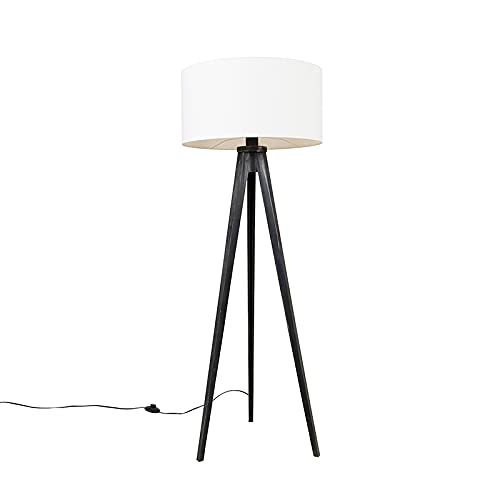 QAZQA - Modern Stehleuchte I Stehlampe I Standleuchte I Lampe I Leuchte Stativ schwarz mit Schirm weiß 50 cm - Tripod I Dreifuß Lampe I Dreifuss Classic I Wohnzimmer I Schlafzimmer - Holz Rund - LED g von Qazqa