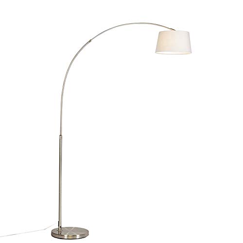 Qazqa - Moderne Bogenlampe aus Stahl I Silber I nickel matt mit weißem Stoffschirm - Arc Basic I Wohnzimmer - Stahl Rund - LED geeignet E27 von Qazqa