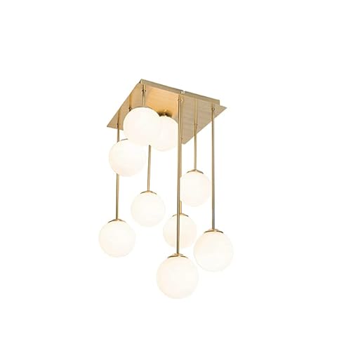 Qazqa - Moderne Deckenleuchte I Deckenlampe I Lampe I Leuchte Gold I Messing mit Opalglas 9 Lichter - Athens I Wohnzimmer I Schlafzimmer - Stahl Quadratisch - LED geeignet G9 von Qazqa