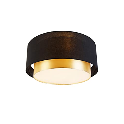 Qazqa - Moderne Deckenleuchte I Deckenlampe I Lampe I Leuchte schwarz mit Gold I Messing 50 cm 3-flammig - Drum mit Schirm Duo I Wohnzimmer I Schlafzimmer - Textil Zylinder - LED geeignet E14 von Qazqa