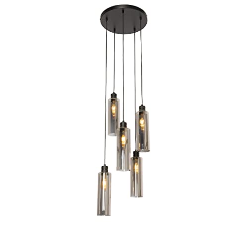 Qazqa - Moderne Hängelampe I Pendellampe I Pendelleuchte schwarz mit Rauchglas 5-flammig Lichter - Stavelot I Wohnzimmer I Schlafzimmer - Rund - LED geeignet E27 Qazqa - Moderne Hängelampe I Pendellampe I Pendelleuchte schwarz mit Rauchglas 5-flammig Lichter - Stavelot I Wohnzimmer I Schlafzimmer - Rund - LED geeignet E27 von Qazqa