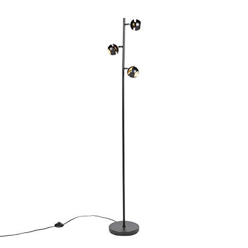 QAZQA - Moderne Stehleuchte I Stehlampe I Standleuchte I Lampe I Leuchte 3-Flammig schwarz mit Gold I Messingener Innenseite - Buell Deluxe I Wohnzimmer - Stahl Kugel I Kugelförmig I Rund I Länglich - von Qazqa