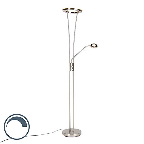 QAZQA - Moderne Stehleuchte I Stehlampe I Standleuchte I Lampe I Leuchte Stahl I Silber I nickel matt und Glas inkl. LED mit Lesearm - Divine Dimmer I Dimmbar I Wohnzimmer I Schlafzimmer I Deckenflute von Qazqa