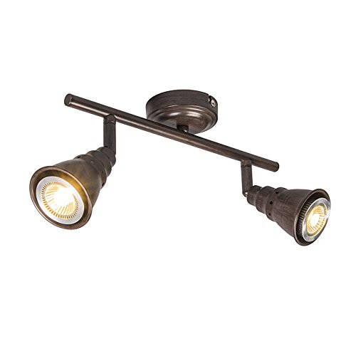 QAZQA - Retro Decken- und WandSpot I Spotlight I Deckenspot I Deckenstrahler I Strahler I Lampe I Leuchte rostbraun schwenkbar - Coney 2-flammig I Wohnzimmer I Schlafzimmer - Stahl Länglich - LED geei von Qazqa