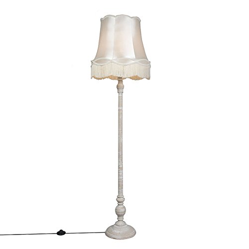 Qazqa - Retro Graue Stehlampe mit Granny-Lampenschirm Creme - Classico I Wohnzimmer I Schlafzimmer - Holz Rund - LED geeignet E27 von Qazqa