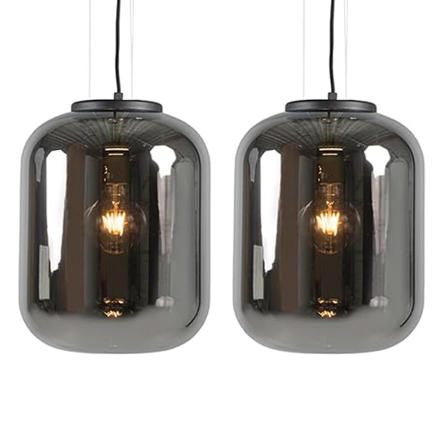 Qazqa - Retro Set mit 2 Design-Hängelampe I Pendellampe I Pendelleuchten in schwarz mit Rauchglas - Bliss I Wohnzimmer I Schlafzimmer - Rund - LED geeignet E27 von Qazqa