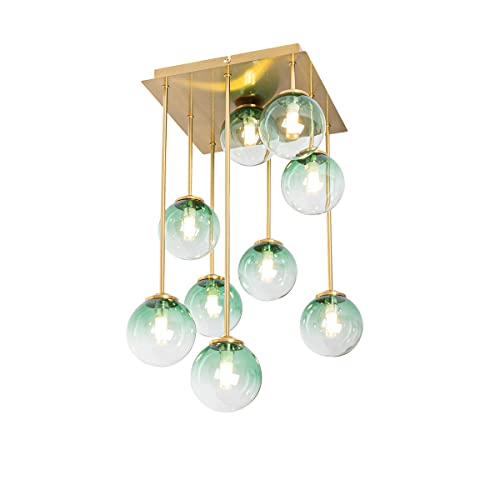 Qazqa - Art Deco Art-Deco-Deckenlampe Gold I Messing mit grünem Glas 9 Lichter - Athen I Wohnzimmer I Schlafzimmer - Stahl Quadratisch - LED geeignet G9 von Qazqa
