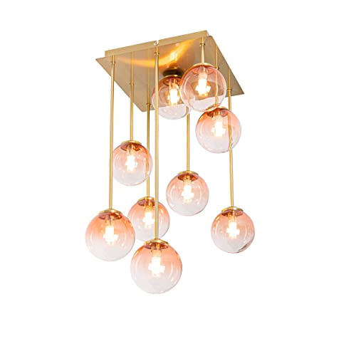 Qazqa - Art Deco Art-Deco-Deckenlampe Gold I Messing mit rosa Glas 9 Lichter - Athen I Wohnzimmer I Schlafzimmer - Stahl Quadratisch - LED geeignet G9 von Qazqa