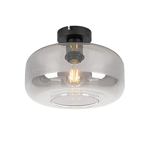 Qazqa - Art Deco Art Deco Deckenlampe schwarz mit Rauchglas - Bizle I Wohnzimmer I Schlafzimmer - Rund - LED geeignet E27 von Qazqa