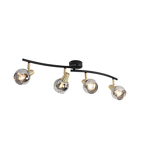 Qazqa - Art Deco Art Deco Deckenleuchte I Deckenlampe I Lampe I Leuchte Gold I Messing mit Rauchglas 4-flammig-Licht - Vidro I Wohnzimmer I Schlafzimmer - Länglich - LED geeignet E14 von Qazqa