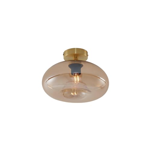Qazqa - Art Deco Art-Deco-Deckenleuchte I Deckenlampe I Lampe I Leuchte Messing mit Bernsteinglas - Busa I Wohnzimmer I Schlafzimmer - Rund - LED geeignet E27 von Qazqa