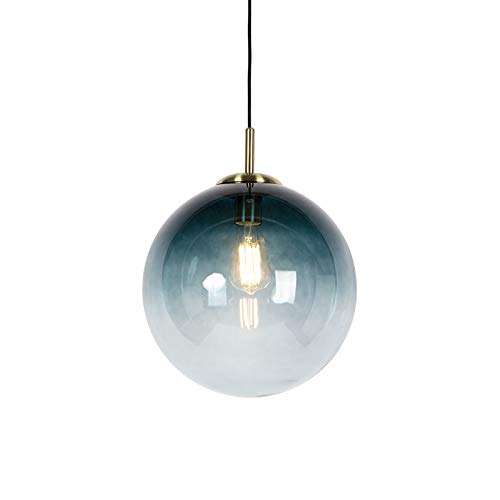 Qazqa - Art Deco Art Deco Hängelampe I Pendellampe I Pendelleuchte Messing mit ozeanblauem Glas 33 cm - Pallon I Wohnzimmer I Schlafzimmer - Kugel I Kugelförmig I Länglich - LED geeignet E27 von Qazqa