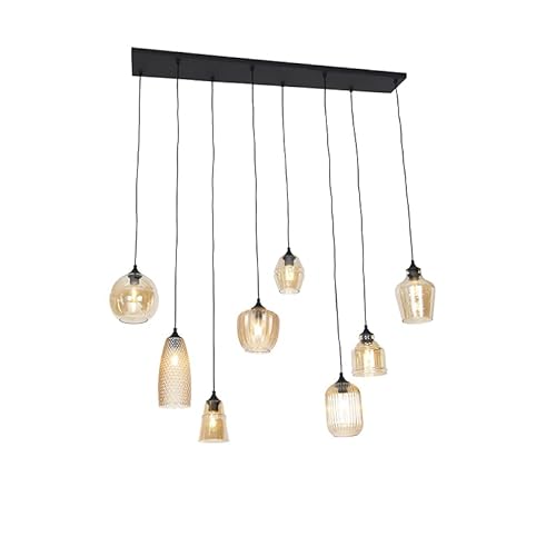 Qazqa - Art Deco Art Deco Hängelampe I Pendellampe I Pendelleuchte schwarz mit Bernsteinglas 8-flammig - Hanne I Wohnzimmer I Schlafzimmer - Länglich - LED geeignet E27 von Qazqa