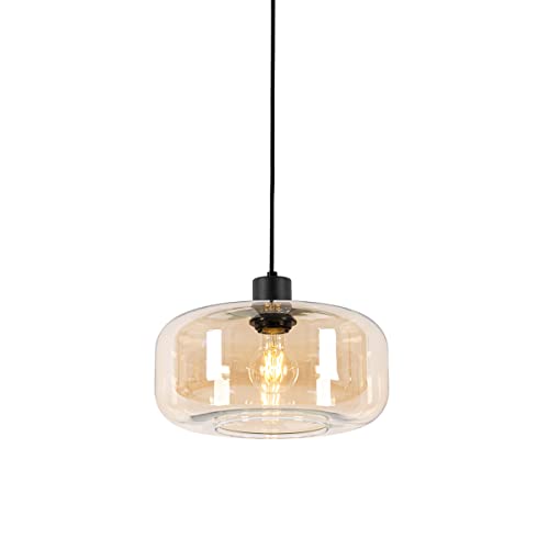 Qazqa - Art Deco Art-Deco-Hängelampe I Pendellampe I Pendelleuchte schwarz mit braunem Glas - Bizle I Wohnzimmer I Schlafzimmer - Rund - LED geeignet E27 von Qazqa