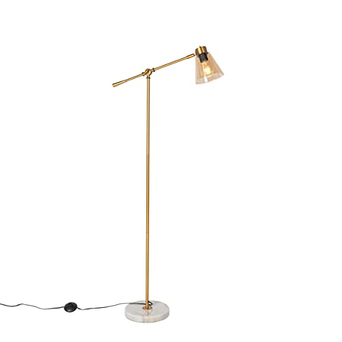 Qazqa - Art Deco Art-Deco-Stehleuchte I Stehlampe I Standleuchte I Lampe I Leuchte aus Bronze mit Marmor und bernsteinfarbenem Glas – Nina I Wohnzimmer I Schlafzimmer - Länglich - LED geeignet E27 von Qazqa