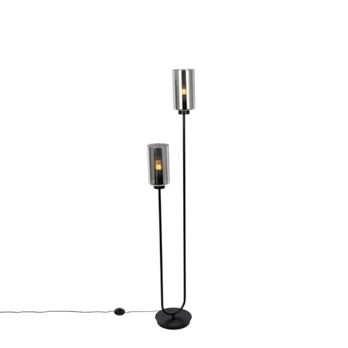 Qazqa - Art Deco Art-Deco-Stehleuchte I Stehlampe I Standleuchte I Lampe I Leuchte schwarz mit Rauchglas 2-flammig – Laura I Wohnzimmer I Schlafzimmer - Länglich - LED geeignet E27 von Qazqa