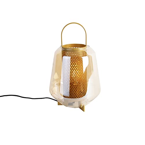 Qazqa - Art Deco Art Deco Tischlampe Gold I Messing mit Bernsteinglas 23 cm - Kevin I Wohnzimmer I Schlafzimmer - Rund - LED geeignet E27 von Qazqa