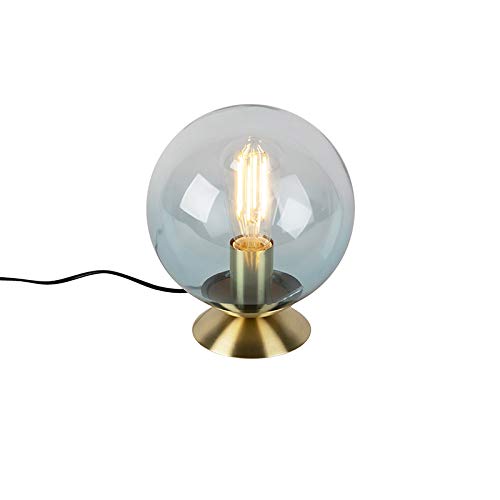 Qazqa - Art Deco Art Deco Tischlampe Messing mit blauem Glas - Pallon I Wohnzimmer I Schlafzimmer - Kugel I Kugelförmig - LED geeignet E27 von Qazqa