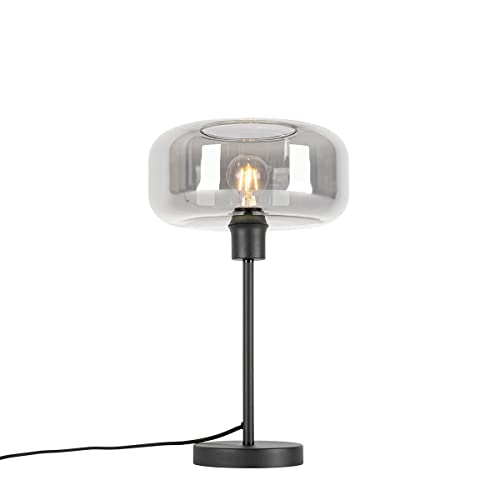 Qazqa - Art Deco Art-Deco-Tischlampe schwarz mit Rauchglas - Bizle I Wohnzimmer I Schlafzimmer - Rund - LED geeignet E27 von Qazqa