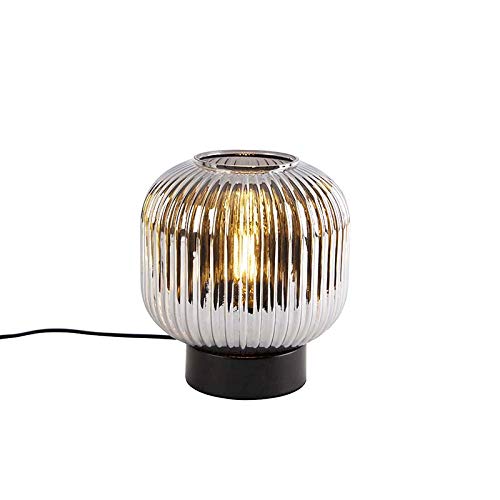 Qazqa - Art Deco Art Deco Tischlampe schwarz mit Rauchglas - Karel I Wohnzimmer I Schlafzimmer - Rund - LED geeignet E27 von Qazqa
