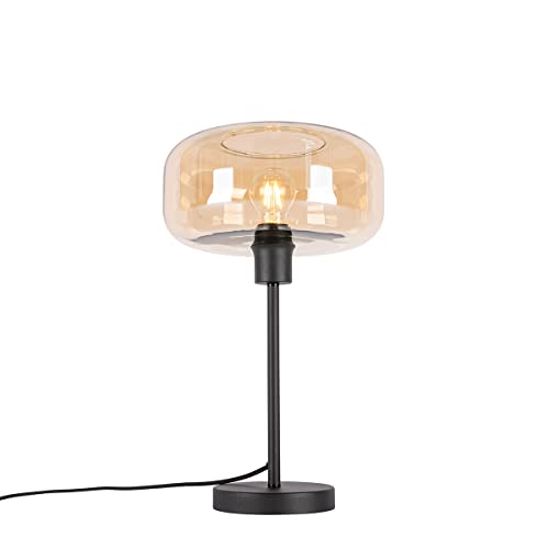 Qazqa - Art Deco Art-Deco-Tischlampe schwarz mit braunem Glas - Bizle I Wohnzimmer I Schlafzimmer - Rund - LED geeignet E27 von Qazqa