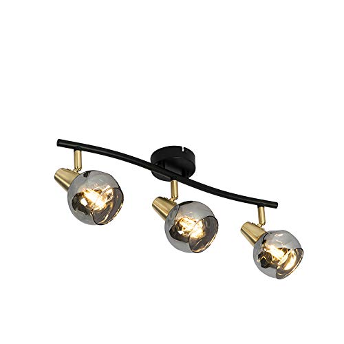Qazqa - Art Deco Deckenleuchte I Deckenlampe I Lampe I Leuchte Gold I Messing 45 cm mit Rauchglas 3-flammig - Vidro I Wohnzimmer I Schlafzimmer - Länglich - LED geeignet E14 von Qazqa