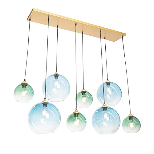 Qazqa - Art Deco Hängelampe I Pendellampe I Pendelleuchte Messing mit blauem und grünem Glas 8 Lichter - Sandra I Wohnzimmer I Schlafzimmer - Länglich - LED geeignet E27 von Qazqa