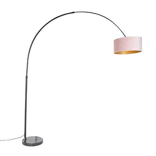 Qazqa - Bogenleuchte I Bogenlampe I Lampe I Leuchte Samt-Schirm schwarz-pink mit Gold I Messing 50 cm - XXL I Wohnzimmer I Schlafzimmer - Stahl Länglich I Zylinder I Rund - LED geeignet E27 von Qazqa