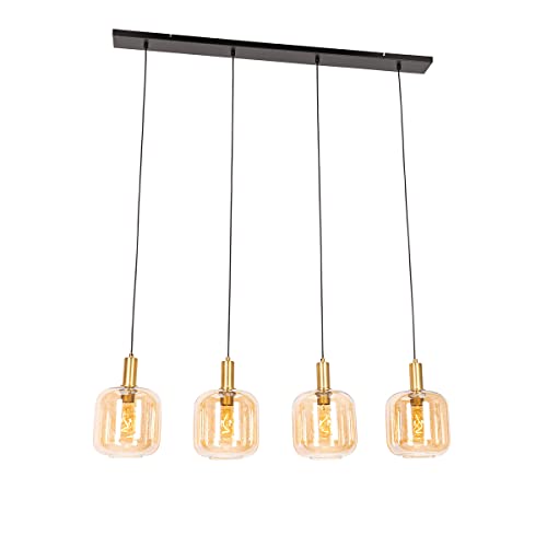 Qazqa - Design Design-Hängelampe I Pendellampe I Pendelleuchte schwarz mit Messing und bernsteinfarbenem Glas, 4-flammig – Zuzanna I Wohnzimmer I Schlafzimmer - Länglich - LED geeignet E27 Qazqa - Design Design-Hängelampe I Pendellampe I Pendelleuchte schwarz mit Messing und bernsteinfarbenem Glas, 4-flammig – Zuzanna I Wohnzimmer I Schlafzimmer - Länglich - LED geeignet E27 von Qazqa