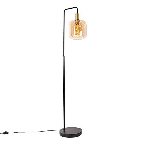 Qazqa - Design Design-Stehleuchte I Stehlampe I Standleuchte I Lampe I Leuchte schwarz mit Messing und bernsteinfarbenem Glas – Zuzanna I Wohnzimmer I Schlafzimmer - Länglich - LED geeignet E27 von Qazqa