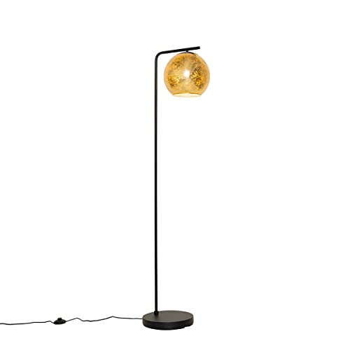 Qazqa - Design Design-Stehleuchte I Stehlampe I Standleuchte I Lampe I Leuchte schwarz mit Gold I Messingenem Glas - Bert I Wohnzimmer I Schlafzimmer - Länglich - LED geeignet E27 von Qazqa