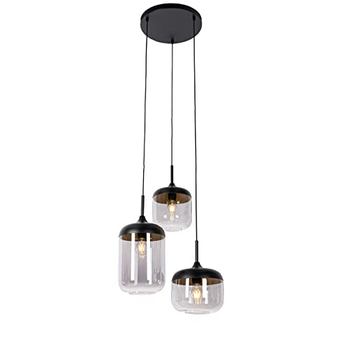 Qazqa - Design Hängelampe I Pendellampe I Pendelleuchte schwarz mit Gold I Messing und Rauchglas, 3-flammig, rund – Kyan I Wohnzimmer I Schlafzimmer - Rund - LED geeignet E27 von Qazqa