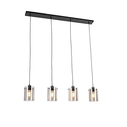 Qazqa - Design Hängelampe I Pendellampe I Pendelleuchte schwarz mit Rauchglas 4-flammig-Licht - Kuppel I Wohnzimmer I Schlafzimmer - Länglich - LED geeignet E27 von Qazqa