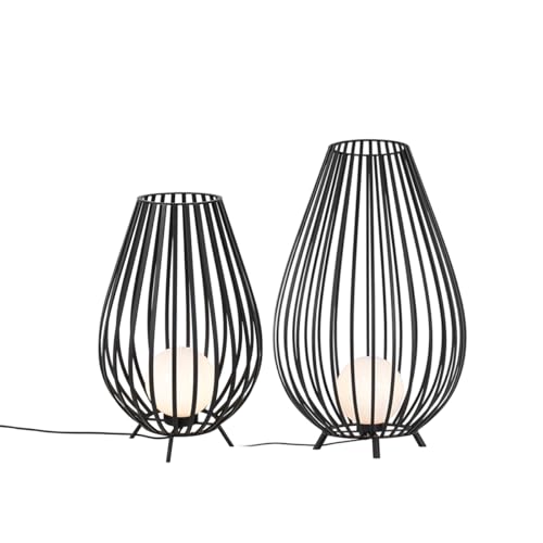 Qazqa - Design Set Stehlampen schwarz mit Opal 110 cm und 70 cm - Angela - Stahl Rund - LED geeignet E27 von Qazqa