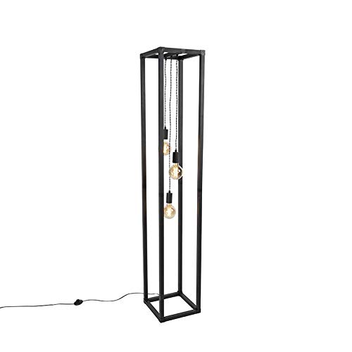 Qazqa - Design Stehleuchte | Ecklampe I Stehlampe I Standleuchte I Lampe I Leuchte schwarz 3-Licht - Käfig I Wohnzimmer I Schlafzimmer - Stahl Rechteckig I Länglich - LED geeignet E27 von Qazqa