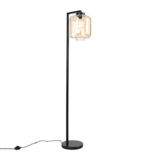 Qazqa - Design Stehleuchte I Stehlampe I Standleuchte I Lampe I Leuchte schwarz mit Braunglas - Qara I Wohnzimmer I Schlafzimmer - Länglich - LED geeignet E27 von Qazqa