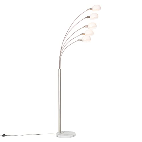 Qazqa - Design Stehleuchte I Stehlampe I Standleuchte I Lampe I Leuchte stahl I nickel matt mit Opalglas 5-flammig - Sixties Marmo I Wohnzimmer I Schlafzimmer - Stahl Länglich - LED geeignet E14 von Qazqa