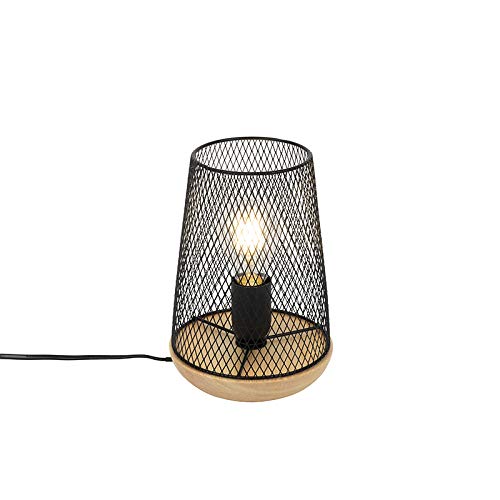 Qazqa - Design Tischlampe schwarz mit Holz - Bosk I Wohnzimmer I Schlafzimmer - Stahl Rund - LED geeignet E27 von Qazqa
