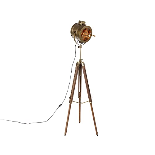 Qazqa - Industrie I Vintage I Dreibein-Stehlampe Bronze mit Holz-Studiospot - Radient I Wohnzimmer I Schlafzimmer - Länglich - LED geeignet E27 von Qazqa