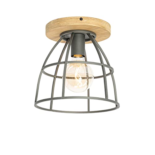 Qazqa - Industrie I Vintage I Industrie I Vintage I Deckenleuchte I Deckenlampe I Lampe I Leuchte Dunkelgrau und Holz - Arthur I Wohnzimmer I Schlafzimmer - Rund - LED geeignet E27 von Qazqa