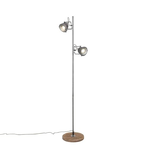 Qazqa - Industrie I Vintage I Industrie I Vintage I Stehleuchte I Stehlampe I Standleuchte I Lampe I Leuchte aus Stahl I Silber I nickel matt mit Holz, 2-flammig – Emado I Wohnzimmer I Schlafzimmer - Qazqa - Industrie I Vintage I Industrie I Vintage I Stehleuchte I Stehlampe I Standleuchte I Lampe I Leuchte aus Stahl I Silber I nickel matt mit Holz, 2-flammig – Emado I Wohnzimmer I Schlafzimmer - von Qazqa