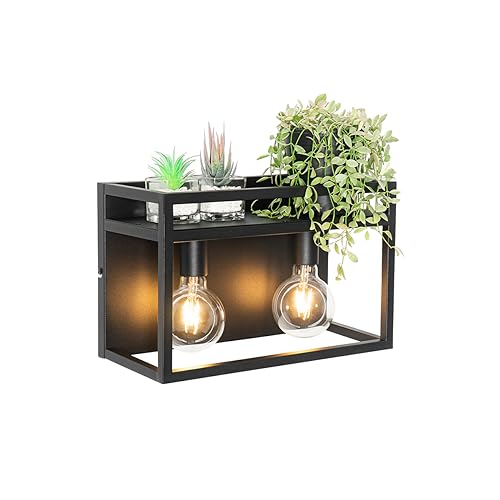 Qazqa - Industrie I Vintage I Smarte Wandleuchte schwarz mit Rack inkl. 2-flammig WiFi G95 - Cage Rack Dimmer I Dimmbar I Wohnzimmer I Schlafzimmer - Stahl Rechteckig - LED geeignet E27 von Qazqa