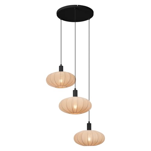 Qazqa - Japandi Japandi Hängelampe I Pendellampe I Pendelleuchte Schwarz mit braunem Stoffschirm 3-flammig - Bida I Wohnzimmer I Schlafzimmer - Textil Rund - LED geeignet E27 von Qazqa