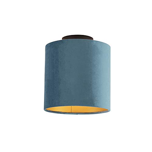 Qazqa - Klassisch I Antik Deckenleuchte I Deckenlampe I Lampe I Leuchte mit Veloursschirm blau mit Gold I Messing 20 cm - Combi schwarz I Wohnzimmer I Schlafzimmer - Textil Rund - LED geeignet E27 von Qazqa