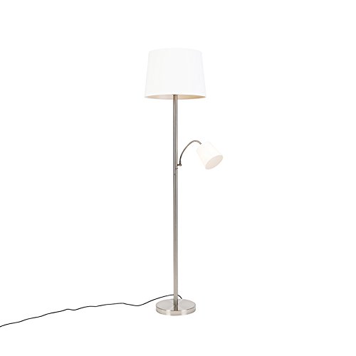 Qazqa - Klassisch I Antik Klassische Stehlampe Stahl I Silber I nickel matt mit weißem Schirm und Leselampe - Retro I Wohnzimmer I Schlafzimmer - Stahl Länglich - LED geeignet E27 Qazqa - Klassisch I Antik Klassische Stehlampe Stahl I Silber I nickel matt mit weißem Schirm und Leselampe - Retro I Wohnzimmer I Schlafzimmer - Stahl Länglich - LED geeignet E27 von Qazqa