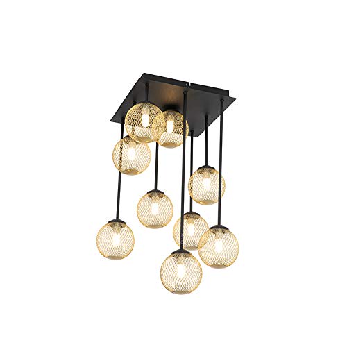 Qazqa - Landhaus I Vintage Art Deco Deckenleuchte I Deckenlampe I Lampe I Leuchte schwarz mit Gold I Messingenen 9 Lichtern - Athens Wire I Schlafzimmer - Stahl Rund - LED geeignet G9 von Qazqa